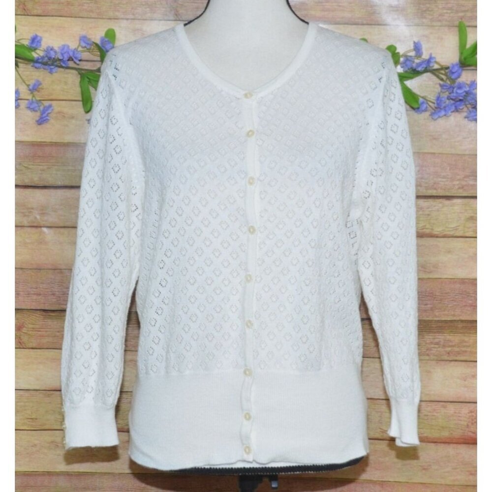 Outlander White Button Up Long Sleeve V-Neck Open Weave Cardigan Sweater Size L